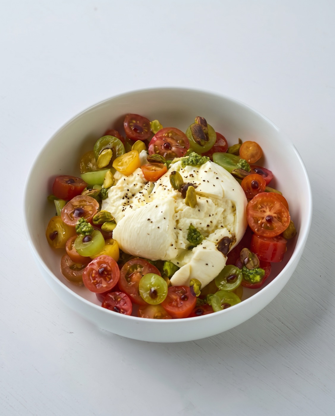 Burrata with heirloom cherry tomatoes, pistachios and pesto