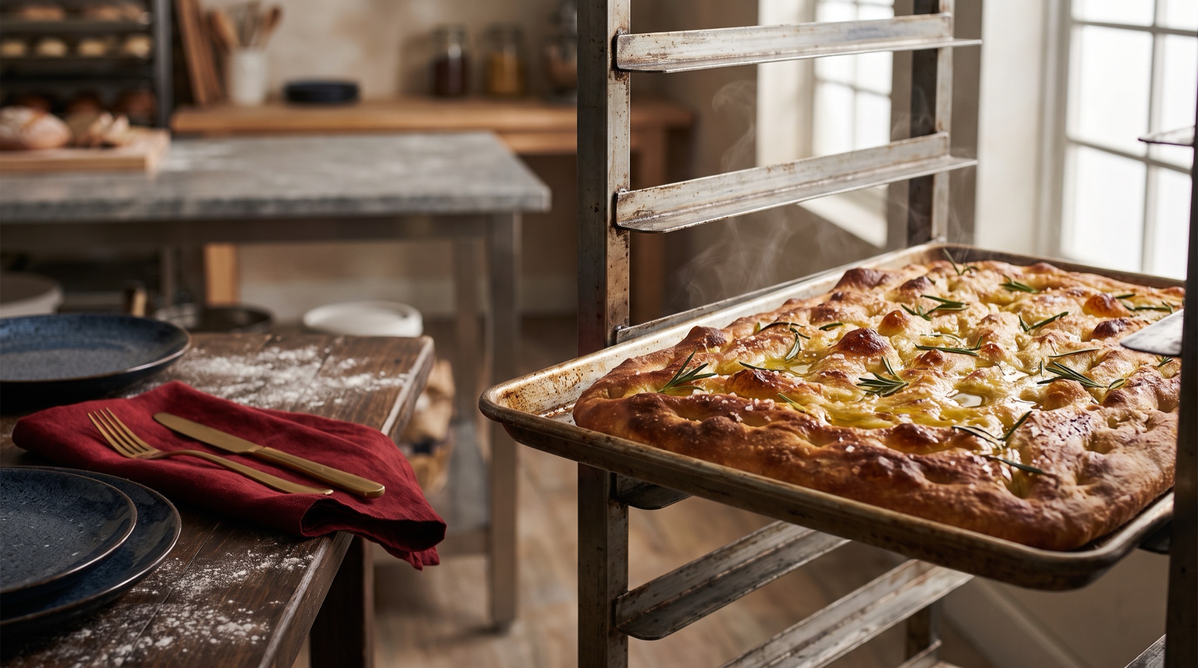 A tray of golden focaccia fresh from the oven