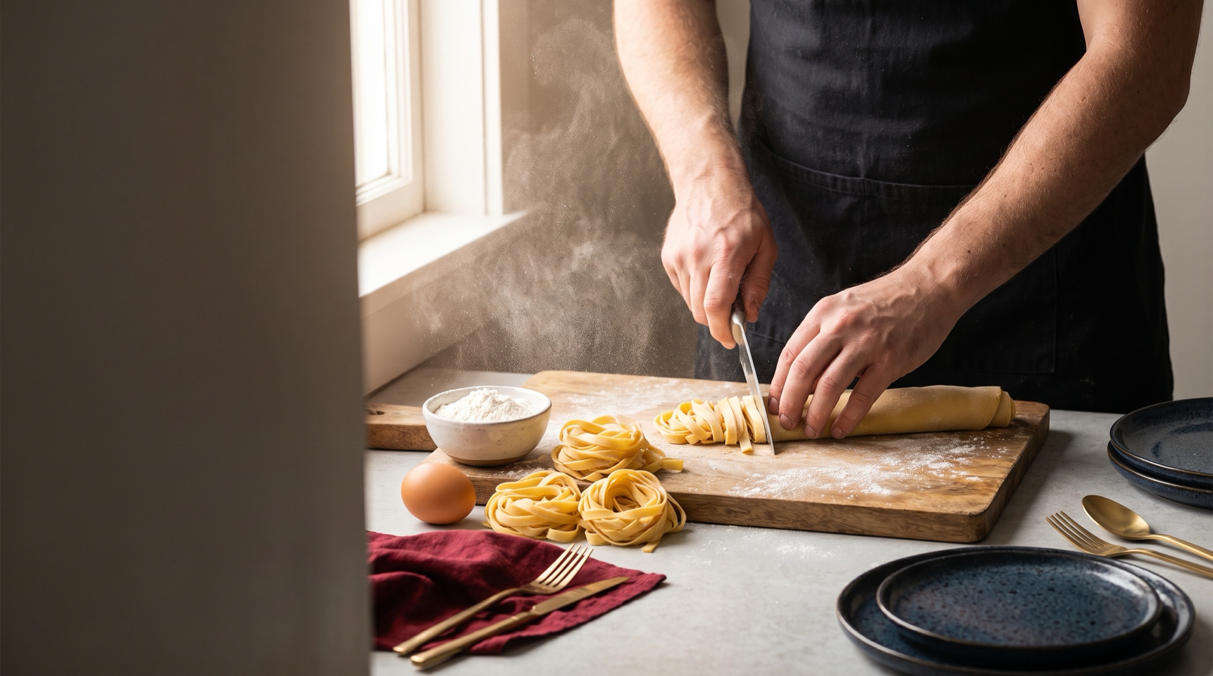 Hands cutting fresh fettuccine on a floured board