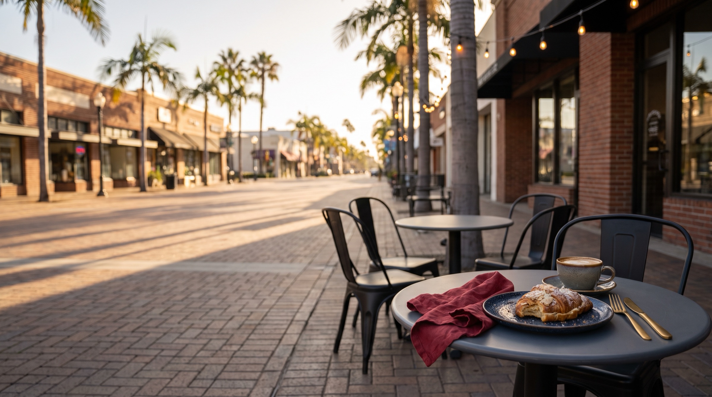 A café patio on a downtown promenade at golden hour